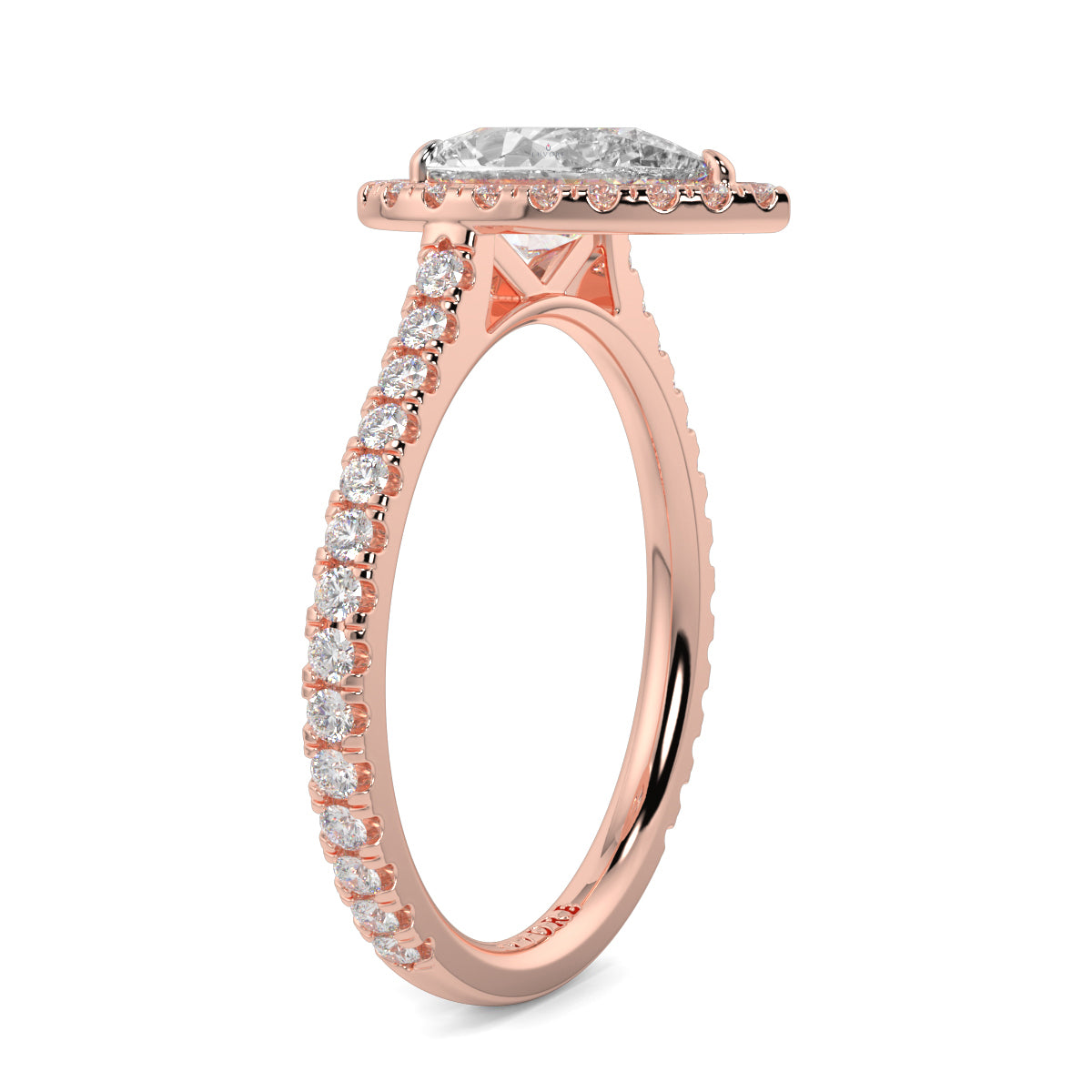 Rose gold ring with a diamond on a white background yb jewellers Pear engagement ring 