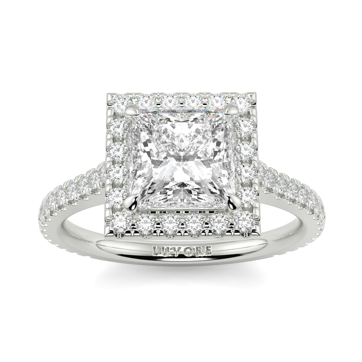 Diamond ring with a prominent central diamond and smaller diamonds on the band, on a white background. yb jewellers engagement ring princess cut diamond ring tiger claws