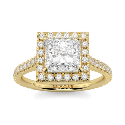 Gold ring with a large diamond and smaller diamonds on a white  yb jewellers engagement ring princess cut diamond ring tiger claws background