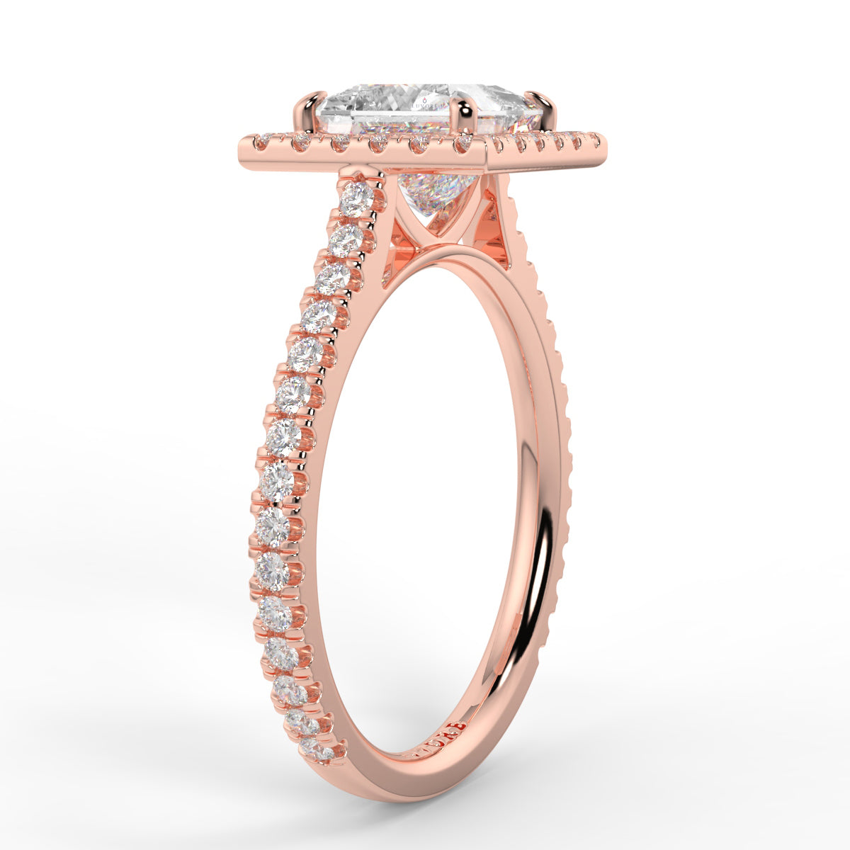 Rose gold ring with diamonds on a white background yb jewellers engagement ring princess cut diamond ring tiger claws