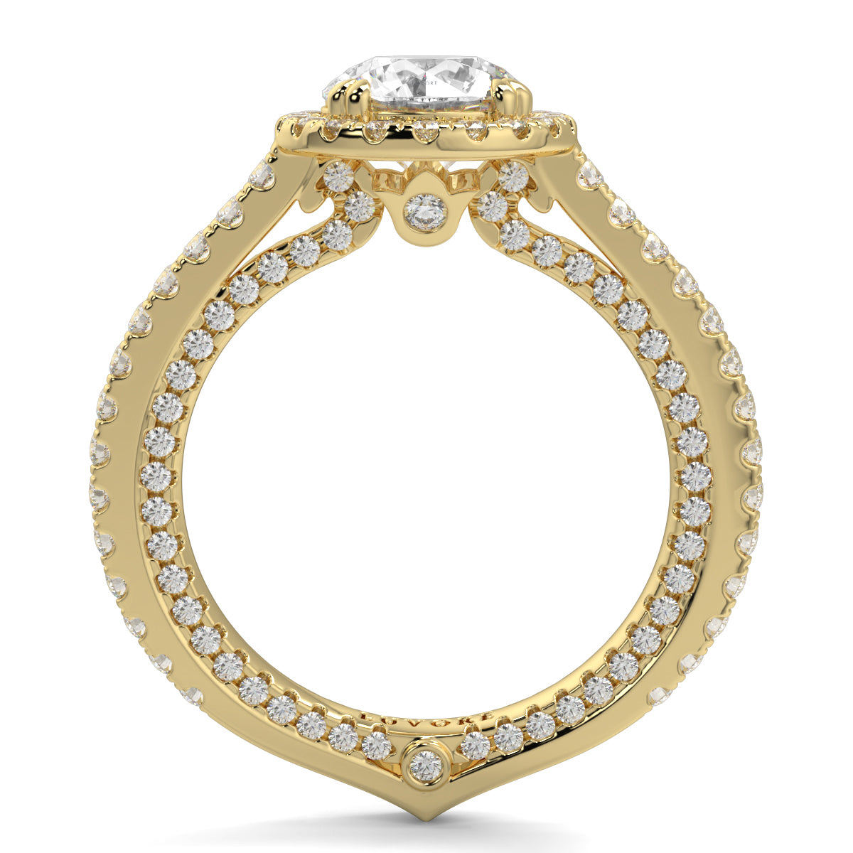 Gold ring with diamonds on a white background round diamond halo engagement ring yb jewellers tiger claws vintage style
