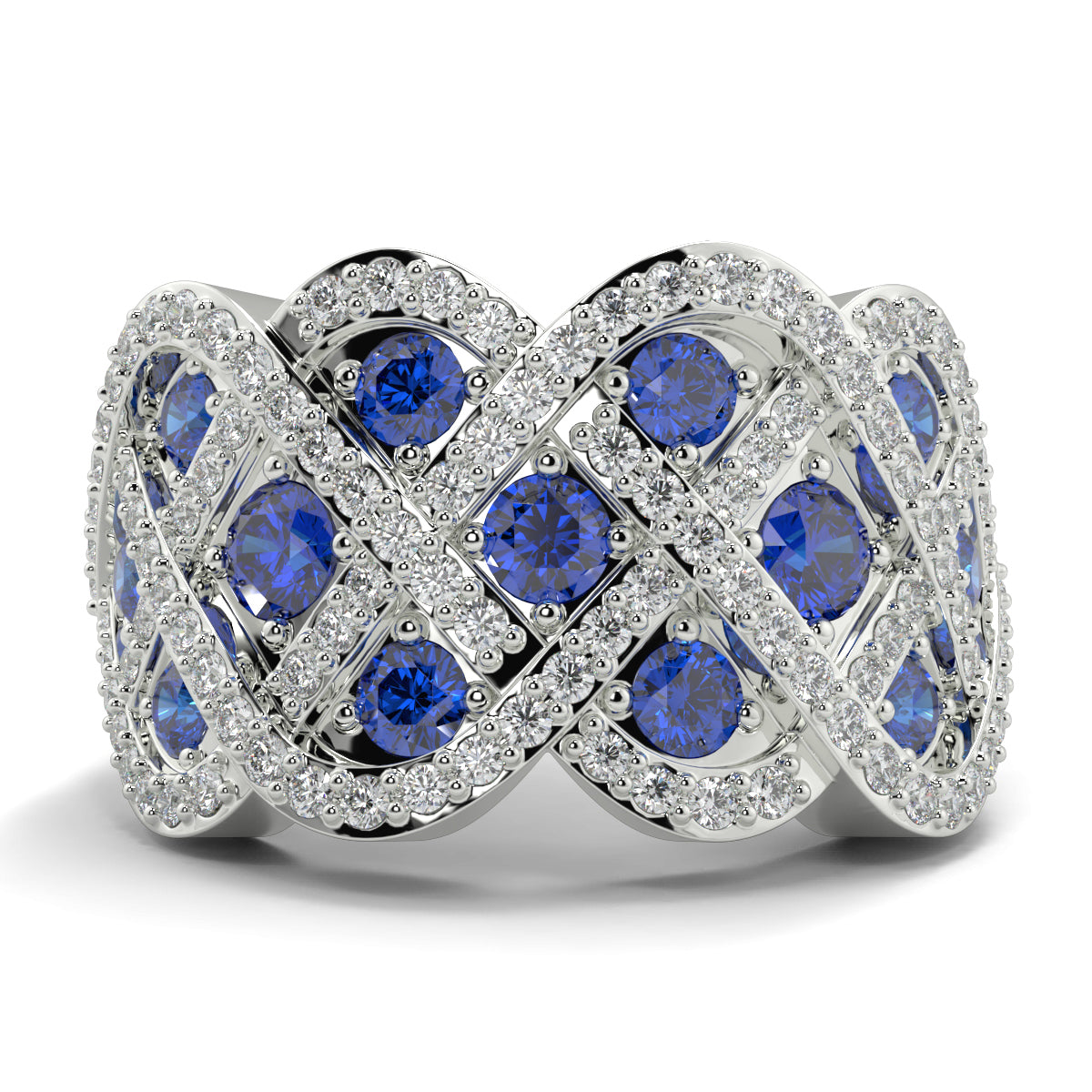 Silver ring with blue gemstones on a white background yb jewellers best selling eternity rin design in diamonds and sapphires micro setting diamond band 