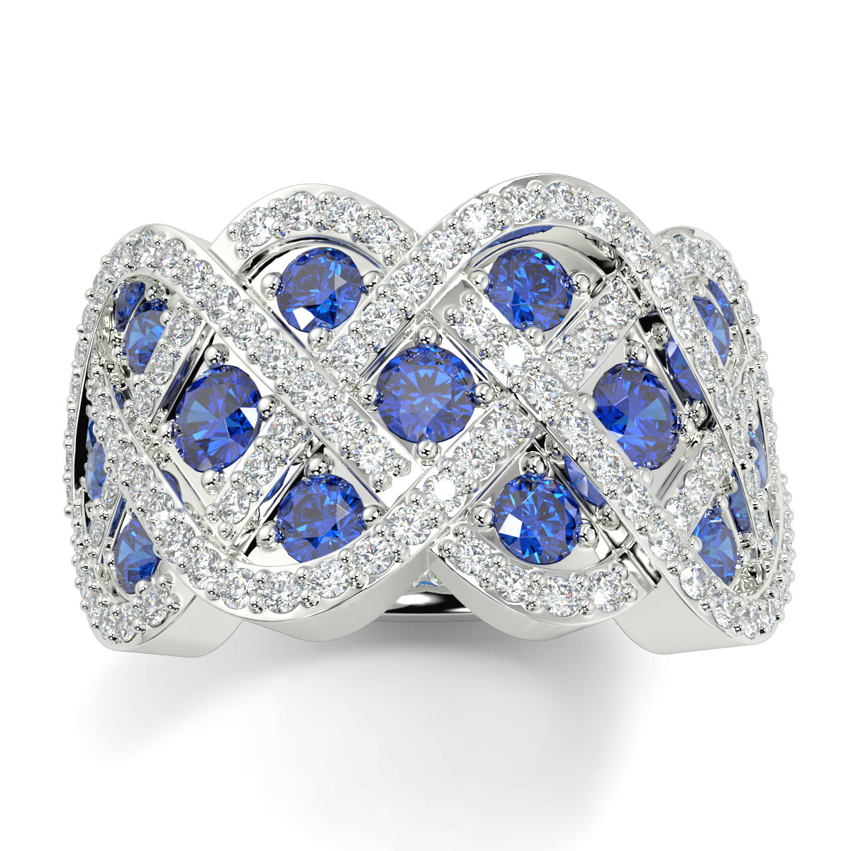 Silver ring with blue gemstones on a white background yb jewellers best selling eternity rin design in diamonds and sapphires micro setting diamond band 