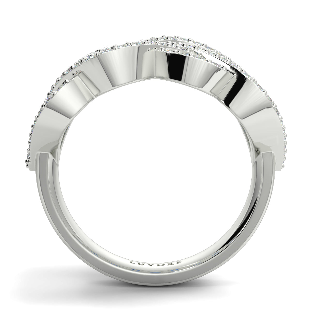 Silver ring with a diamond-studded band on a white background yb jewellers best selling eternity rin design in diamonds and sapphires micro setting diamond band 