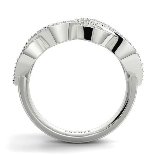 Silver ring with a diamond-studded band on a white background yb jewellers best selling eternity rin design in diamonds and sapphires micro setting diamond band 