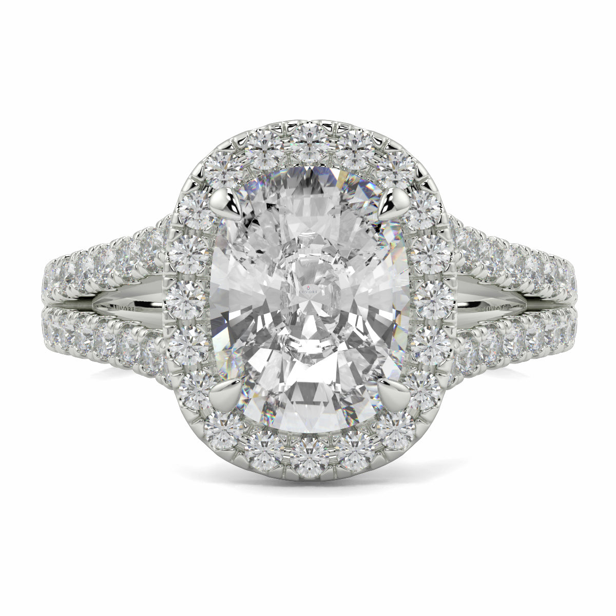 Diamond ring with a central oval-cut diamond and smaller diamonds on a white backgroundyb jewellers split halo diamond engagement ring best selling design trending cushion cut diamond 
