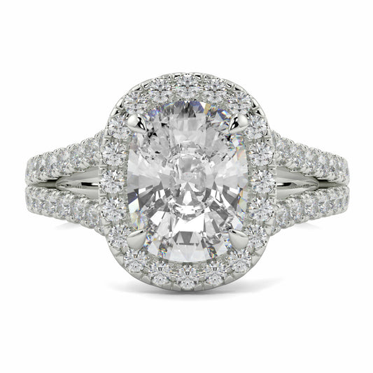 Diamond ring with a central oval-cut diamond and smaller diamonds on a white backgroundyb jewellers split halo diamond engagement ring best selling design trending cushion cut diamond 