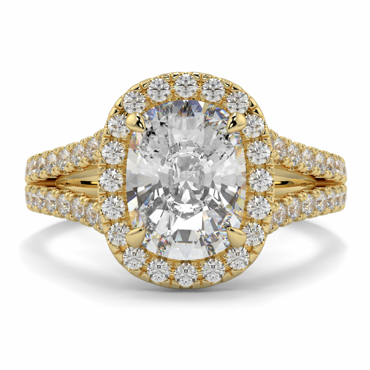 Gold ring with a large central diamond and smaller diamonds around on a white background yb jewellers split halo diamond engagement ring best selling design trending cushion cut diamond