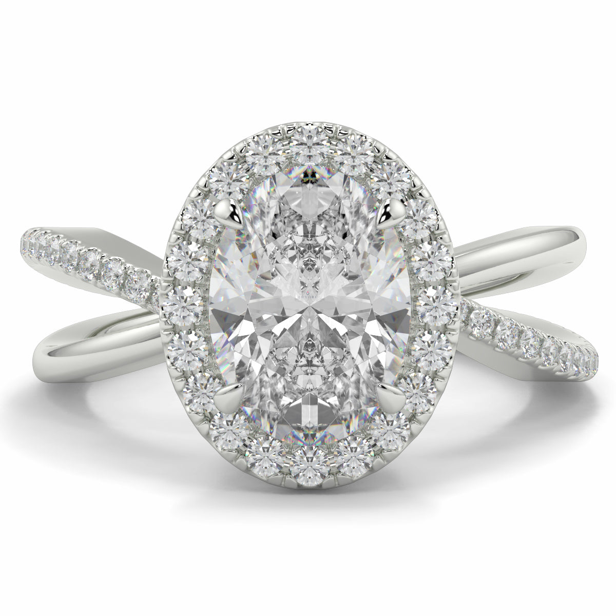 Diamond ring with a halo of smaller diamonds on a white background Yb jewellers oval diamond halo platinum diamond engagement ring bestseller trending design 