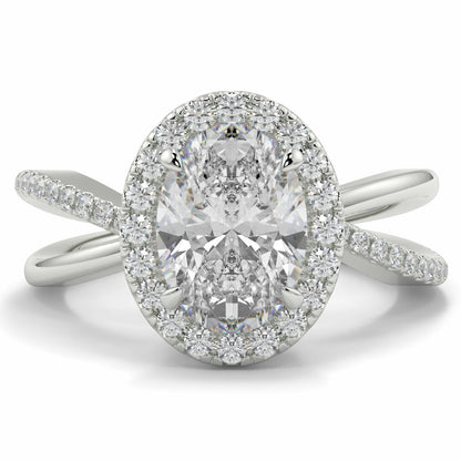 Diamond ring with a halo of smaller diamonds on a white background Yb jewellers oval diamond halo platinum diamond engagement ring bestseller trending design 