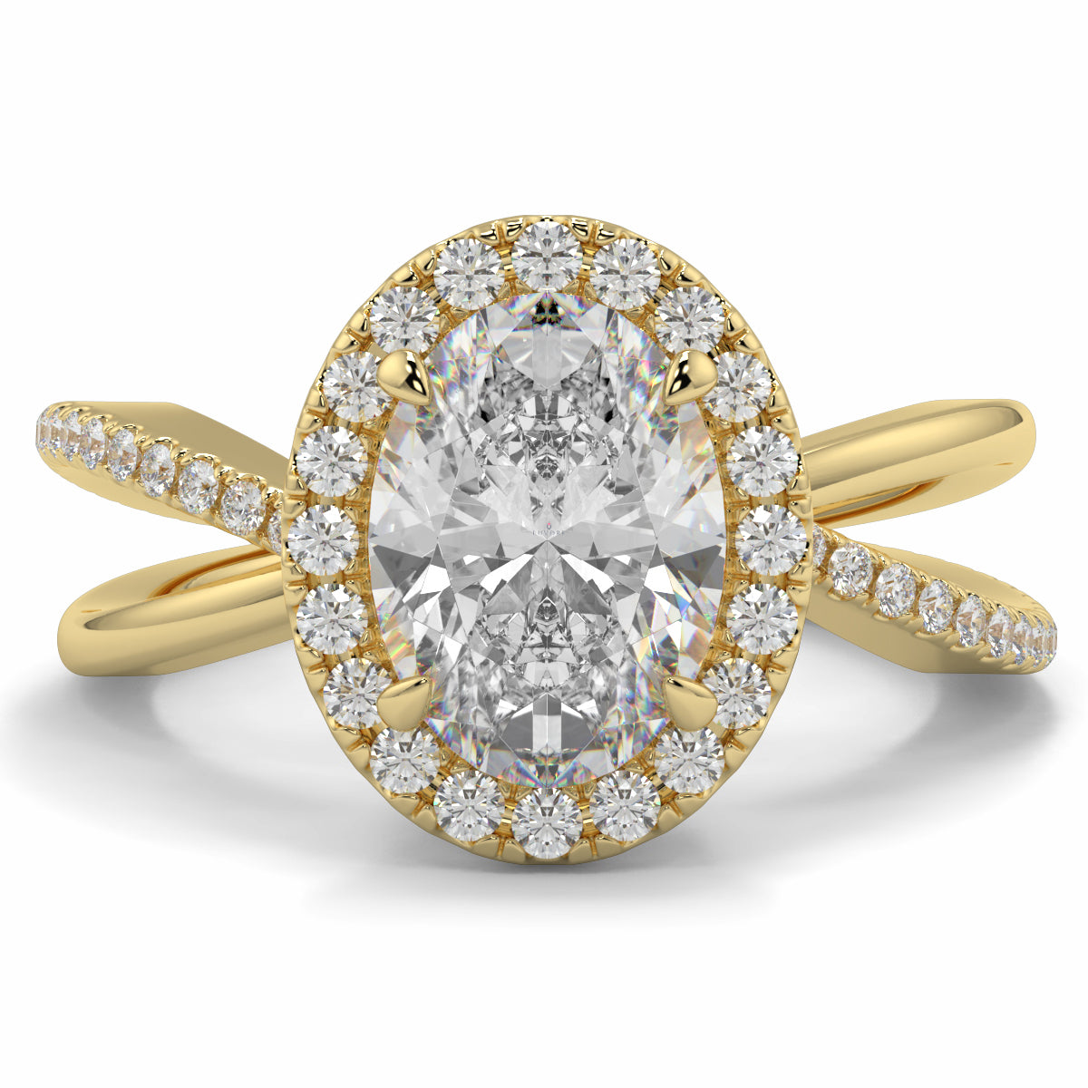Gold ring with a large diamond and smaller diamonds around on a white background Yb jewellers oval diamond halo platinum diamond engagement ring bestseller trending design 