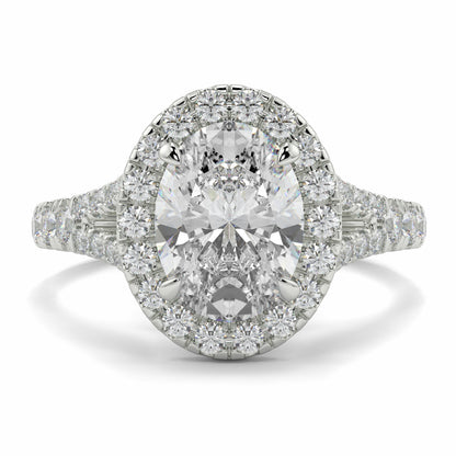 Diamond ring with a white background Yb jewellers oval diamond halo platinum diamond engagement ring bestseller trending design 