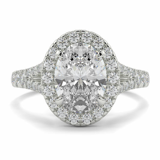 Diamond ring with a white background Yb jewellers oval diamond halo platinum diamond engagement ring bestseller trending design 