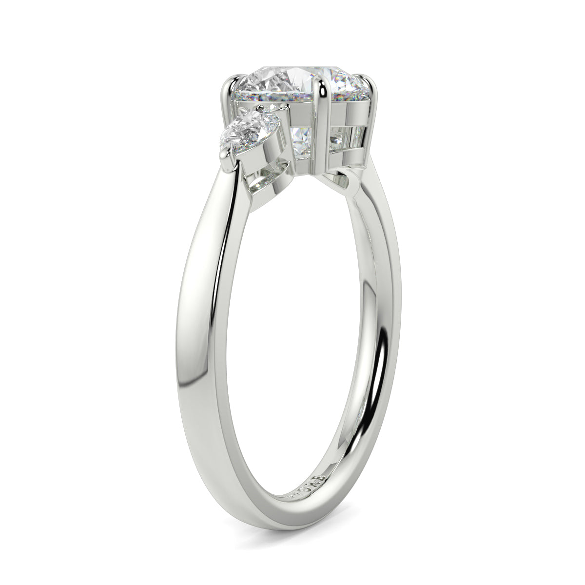 Silver ring with a diamond on a white background yb jewellers 3 stone trilogy engagement ring round and pear shape best selling design trending diamond ring