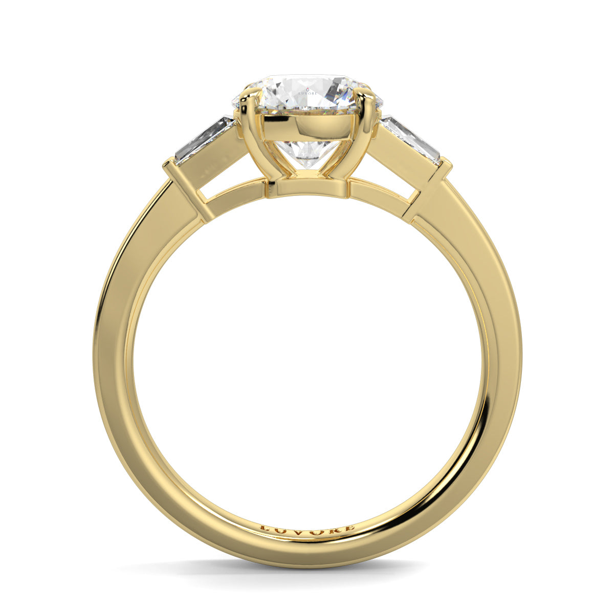 Gold ring with a diamond on a white background yb_jewellers_3_stone_trilogy_engagement_ring_round_and_pear_shape_best_selling_design_trending_diamond_ring