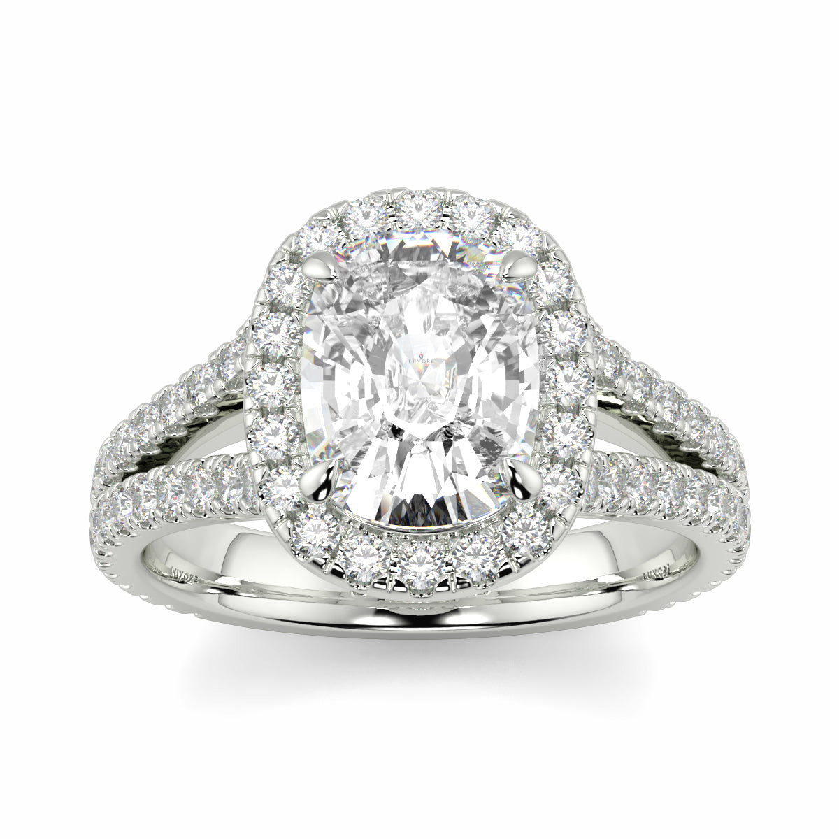 Diamond ring with a central oval-cut diamond and smaller diamonds on a white background yb jewellers split halo diamond engagement ring best selling design trending cushion cut diamond
