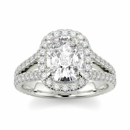 Diamond ring with a central oval-cut diamond and smaller diamonds on a white background yb jewellers split halo diamond engagement ring best selling design trending cushion cut diamond