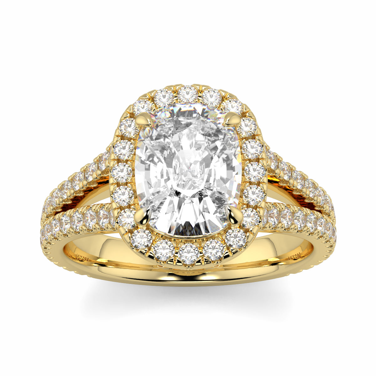 Gold ring with a large central diamond and smaller diamonds on a white background yb jewellers split halo diamond engagement ring best selling design trending cushion cut diamond