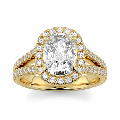 Gold ring with a large central diamond and smaller diamonds on a white background yb jewellers split halo diamond engagement ring best selling design trending cushion cut diamond
