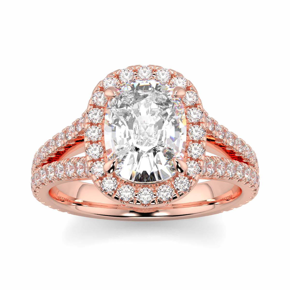 Rose gold ring with a large diamond and smaller diamonds on a white background yb jewellers split halo diamond engagement ring best selling design trending cushion cut diamond