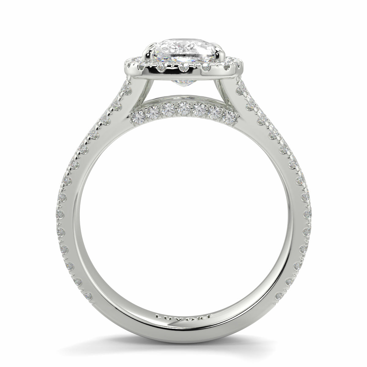 Silver ring with a diamond on a white background yb jewellers split halo diamond engagement ring best selling design trending cushion cut diamond