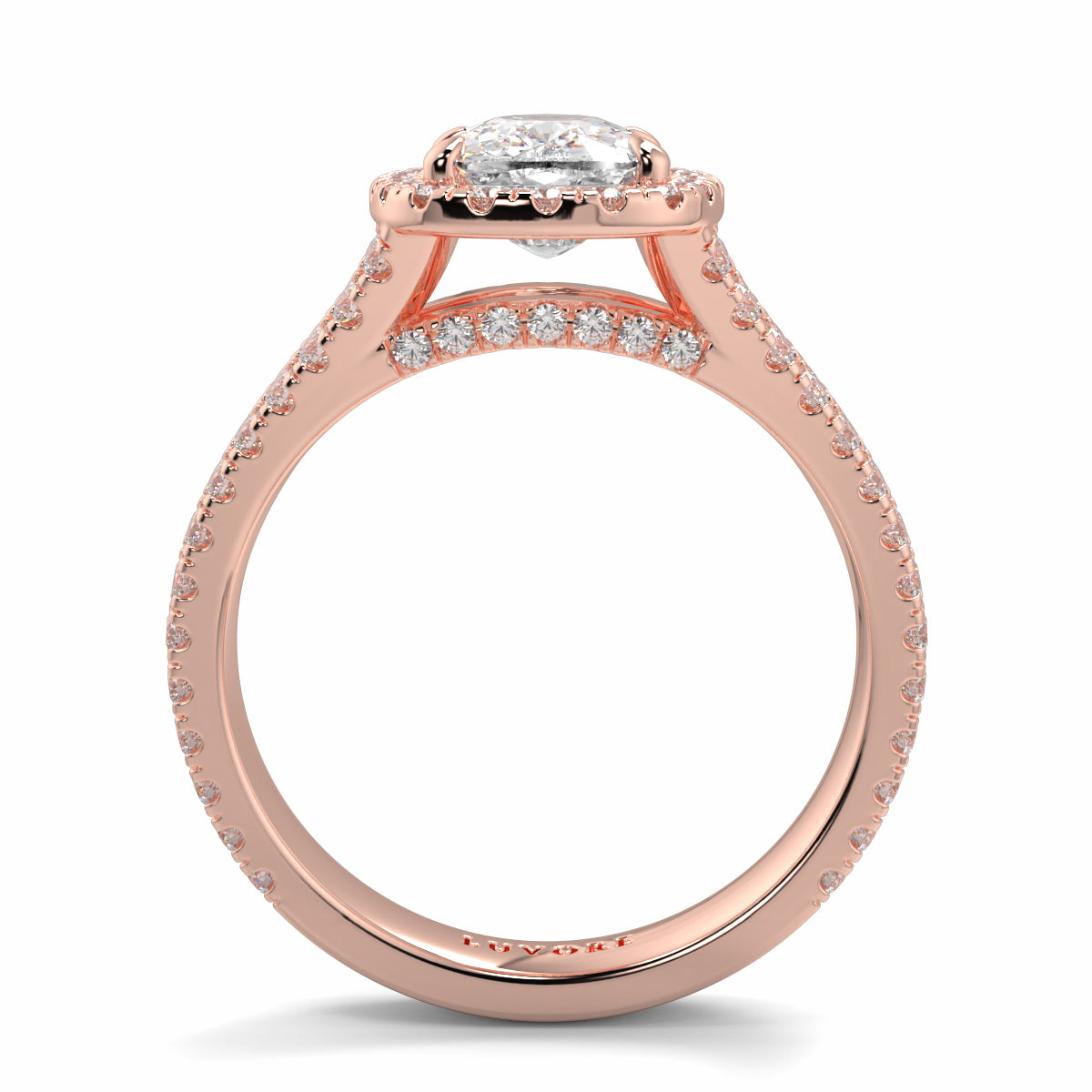 Rose gold ring with a diamond on a white background yb jewellers split halo diamond engagement ring best selling design trending cushion cut diamond