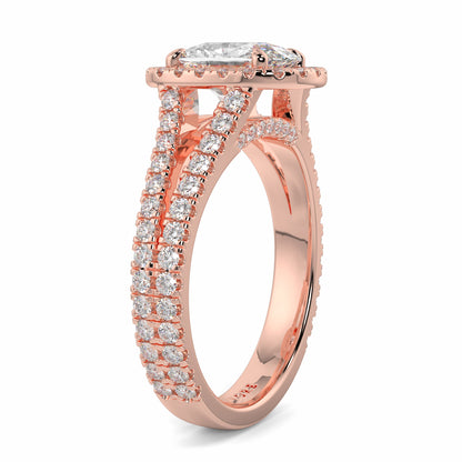 Rose gold ring with diamonds on a white background yb jewellers split halo diamond engagement ring best selling design trending cushion cut diamond