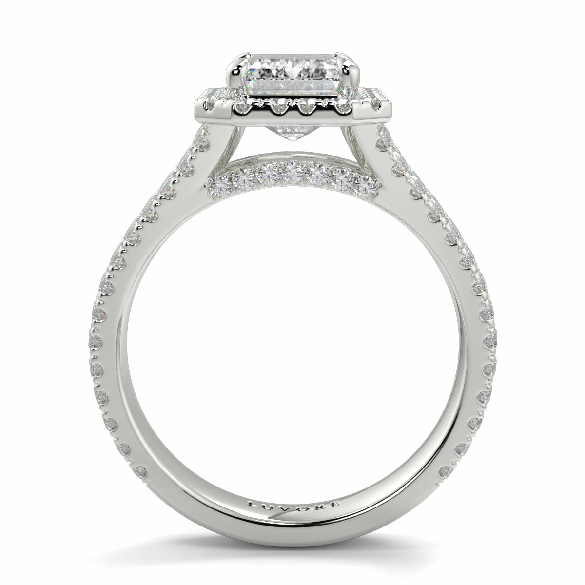 Silver ring with diamond accents on a white background Yb jewellers emerald split halo diamond engagement ring 