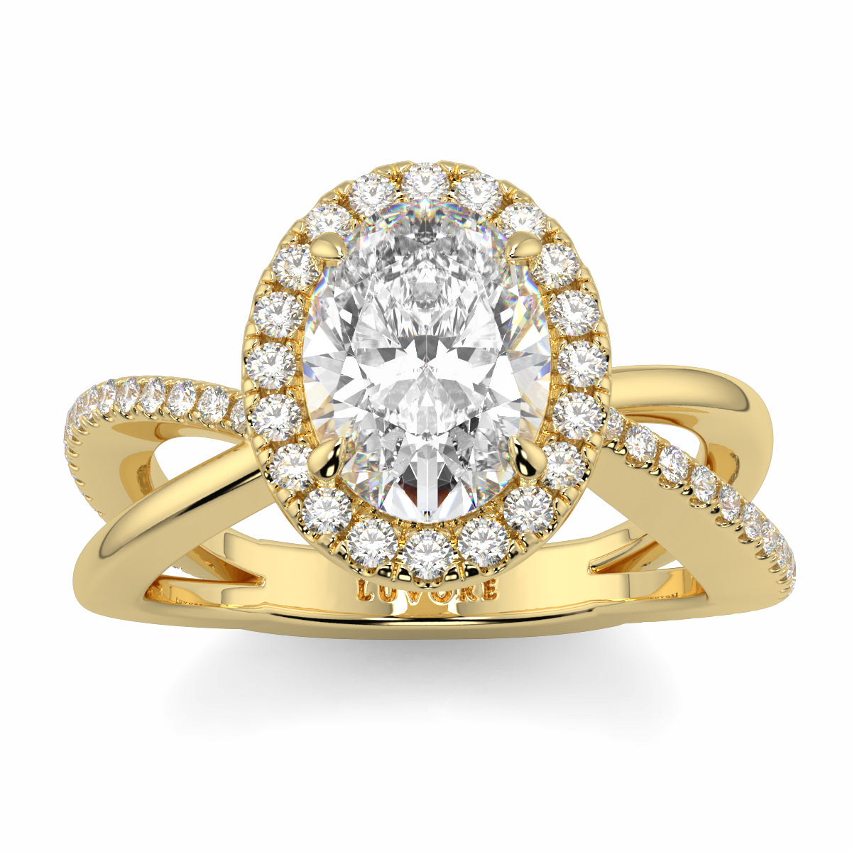 Gold ring with a large diamond and smaller diamonds on a white  background Yb jewellers oval diamond halo platinum diamond engagement ring bestseller trending design 