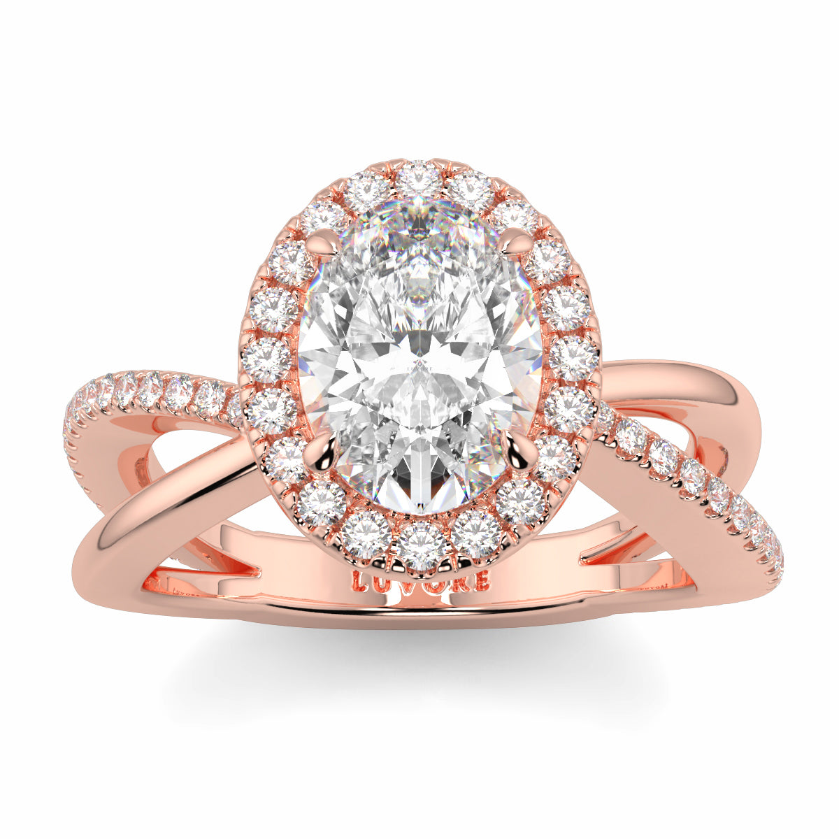 Rose gold ring with a large diamond and smaller diamonds on a white background Yb jewellers oval diamond halo platinum diamond engagement ring bestseller trending design 