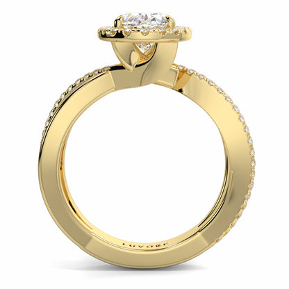 Gold ring with a diamond on a white background Yb jewellers oval diamond halo platinum diamond engagement ring bestseller trending design 