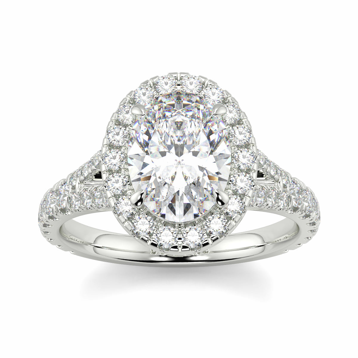 Diamond ring with a halo and intricate design on a white background Yb jewellers oval diamond halo platinum diamond engagement ring bestseller trending design 