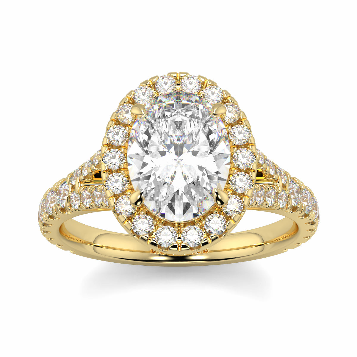 Gold ring with a large central diamond and smaller diamonds around on a white background Yb jewellers oval diamond halo platinum diamond engagement ring bestseller trending design 