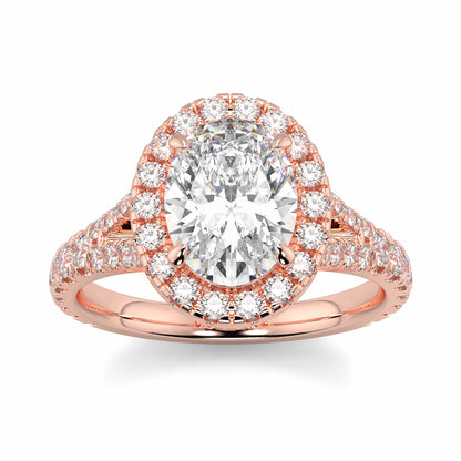Rose gold ring with a large diamond and smaller diamonds on a white Yb jewellers oval diamond halo platinum diamond engagement ring bestseller trending design background