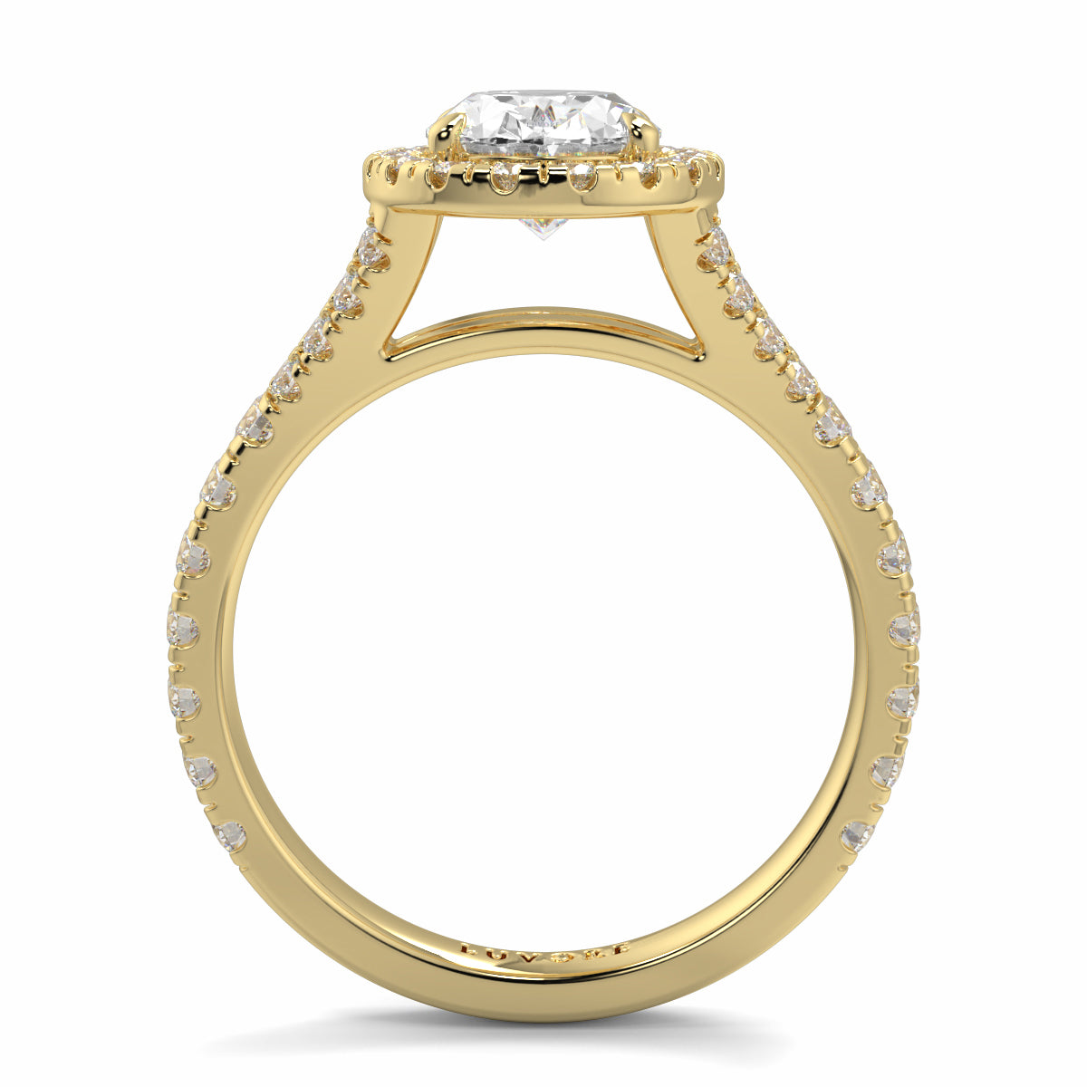 Gold ring with a diamond on a white background Yb jewellers oval diamond halo platinum diamond engagement ring bestseller trending design 