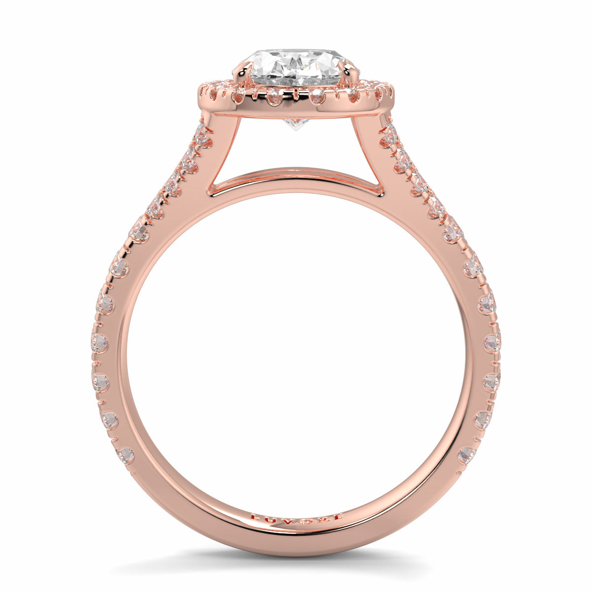Rose gold ring with a diamond on a white background Yb jewellers oval diamond halo platinum diamond engagement ring bestseller trending design 