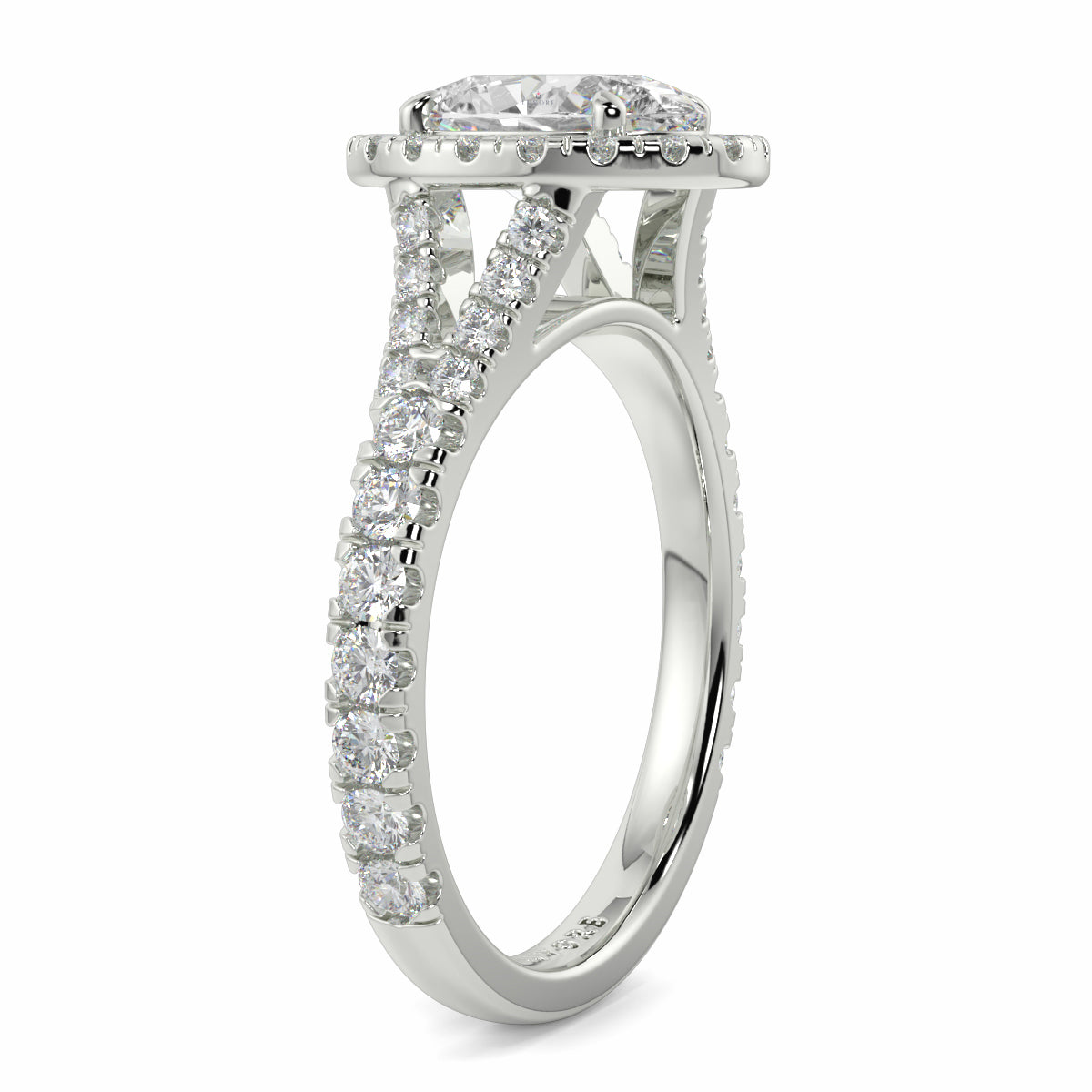 Silver ring with diamond accents on a white background Yb jewellers oval diamond halo platinum diamond engagement ring bestseller trending design 