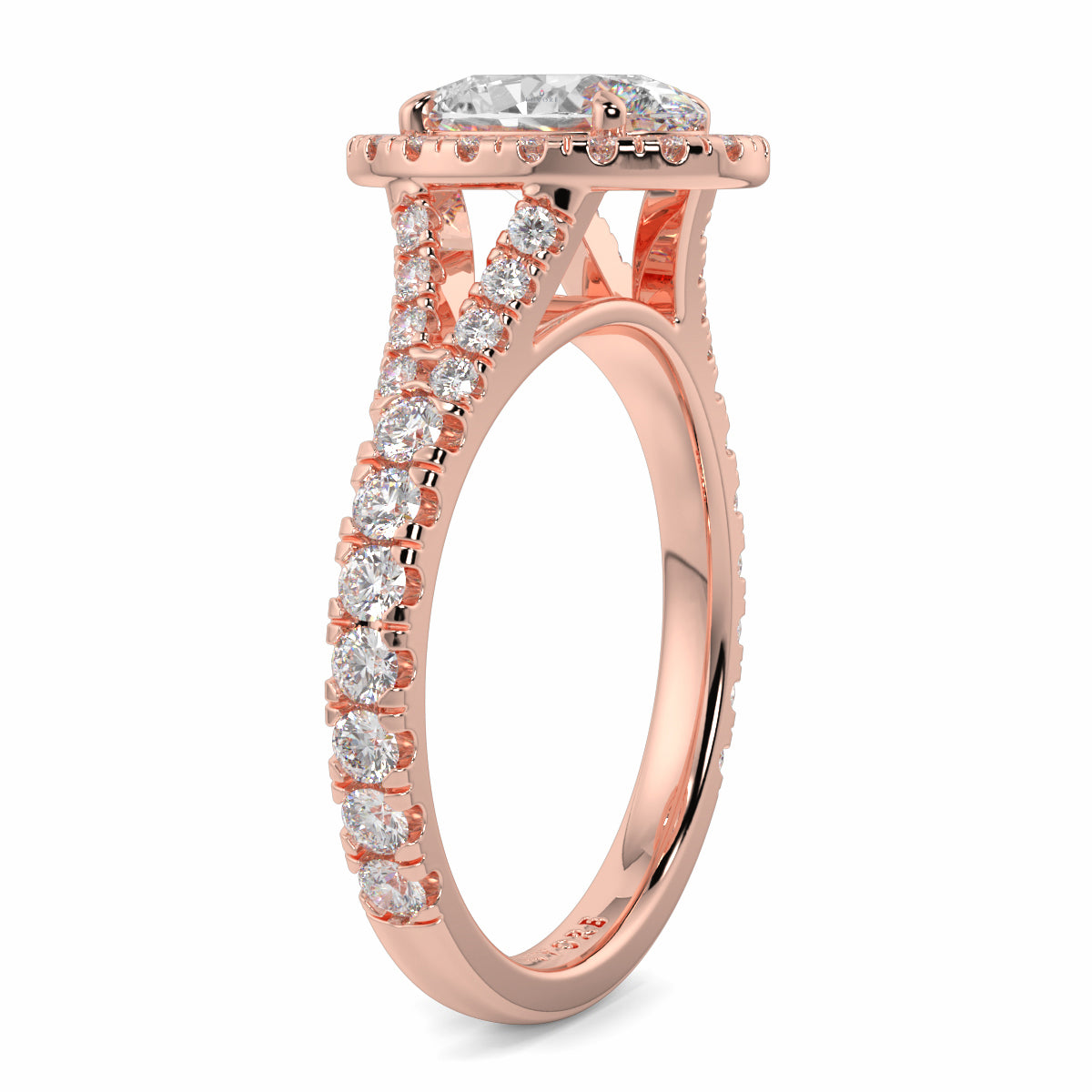 Rose gold ring with diamonds on a white background Yb jewellers oval diamond halo platinum diamond engagement ring bestseller trending design 