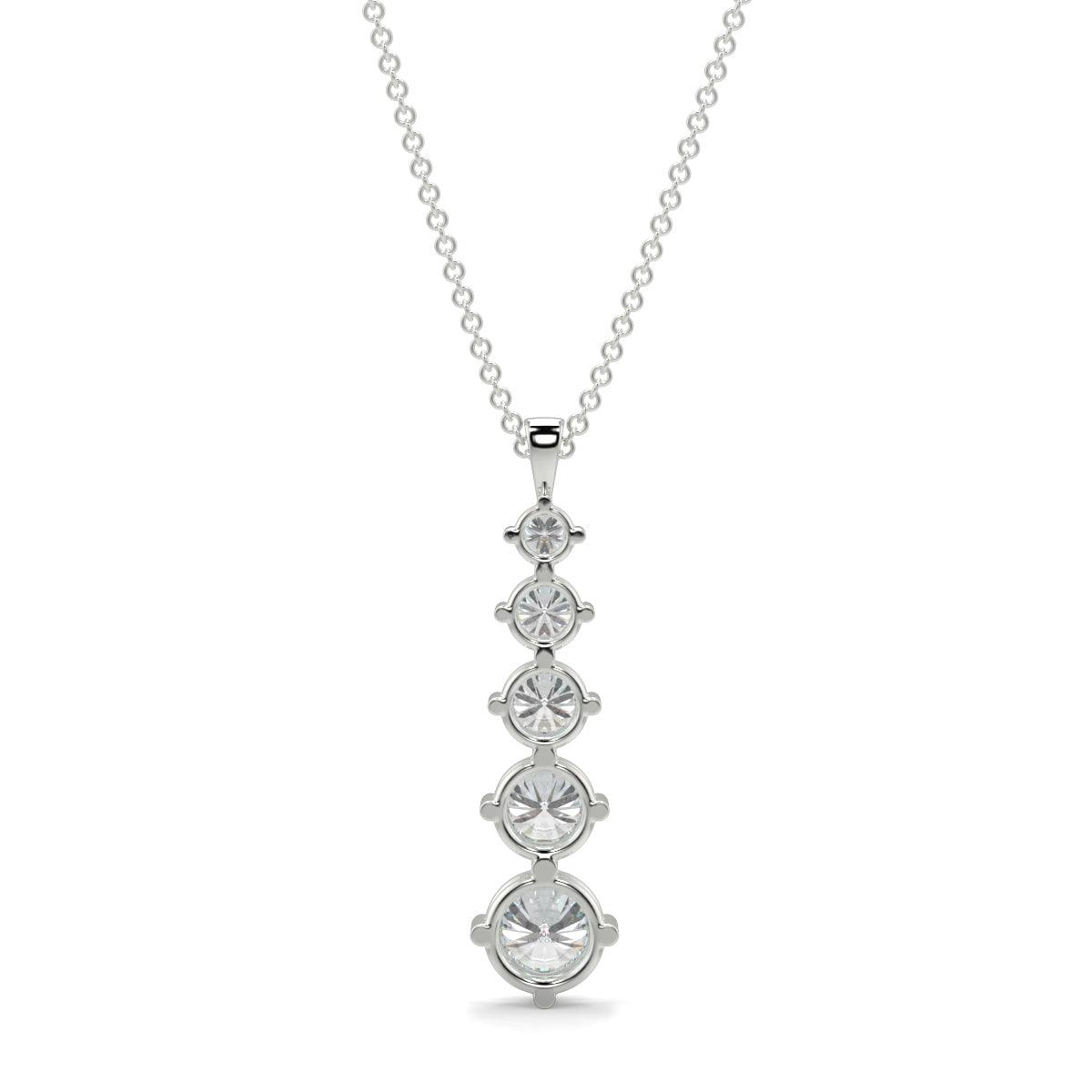 Aurora five‑stone diamond necklace graduated 0.05–0.50 ct 4‑claw in 18k white gold on 16" chain, studio shot