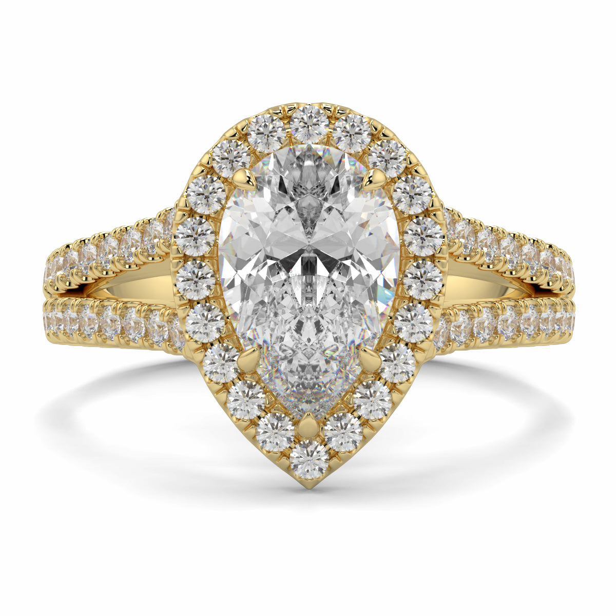Gold ring with a large central diamond and smaller diamonds around on a white background yb jewellers twist halo pear shape engagement diamond ring best selling design ring and trending design 2026