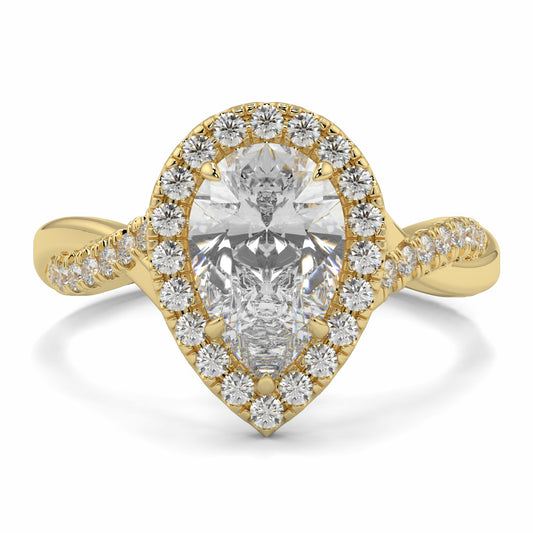 Gold ring with a large central diamond and smaller diamonds around on a white background yb jewellers twist halo pear shape engagement diamond ring best selling design ring and trending design 2026