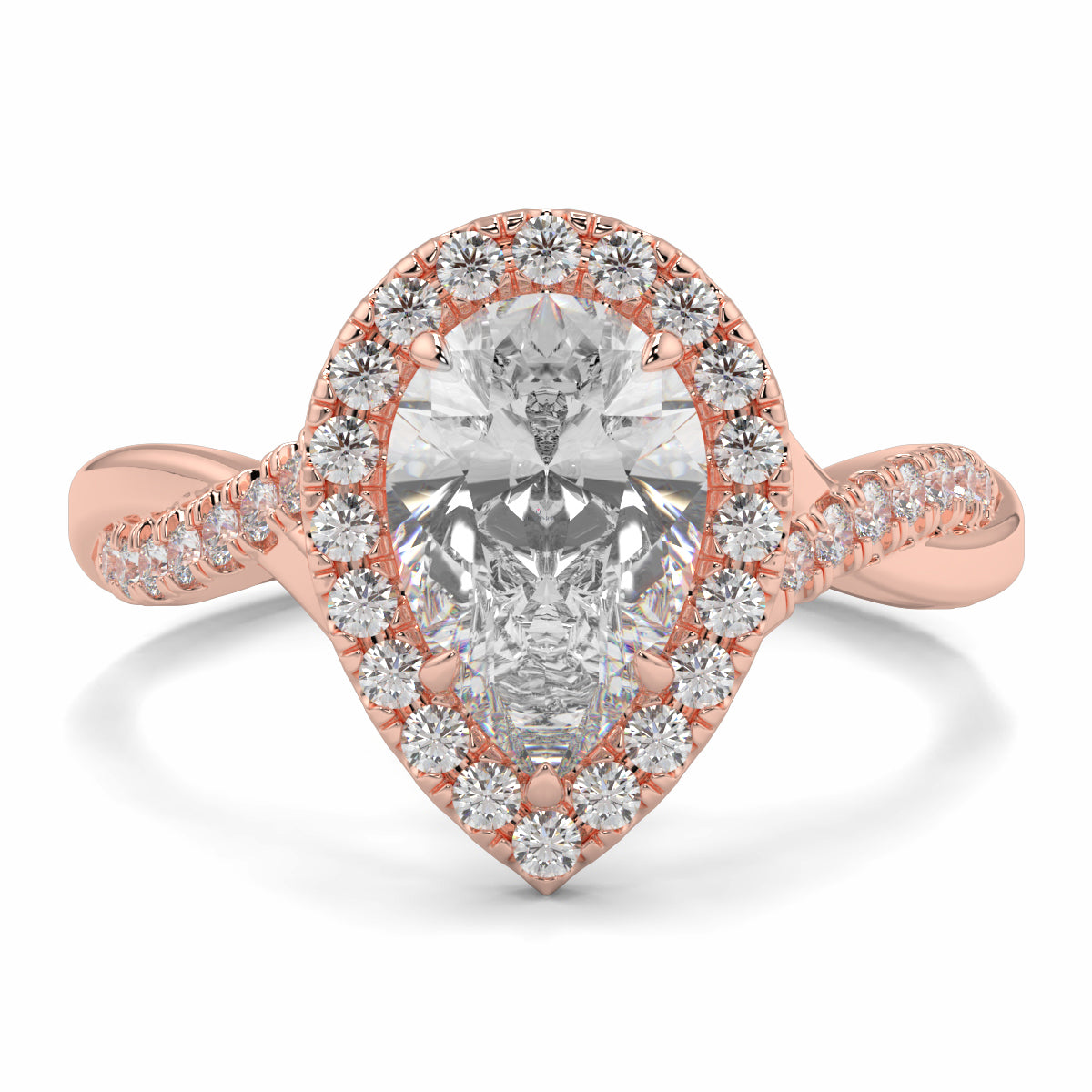 Rose gold ring with a pear-shaped diamond and diamond halo on a white background yb jewellers twist halo pear shape engagement diamond ring best selling design ring and trending design 2026