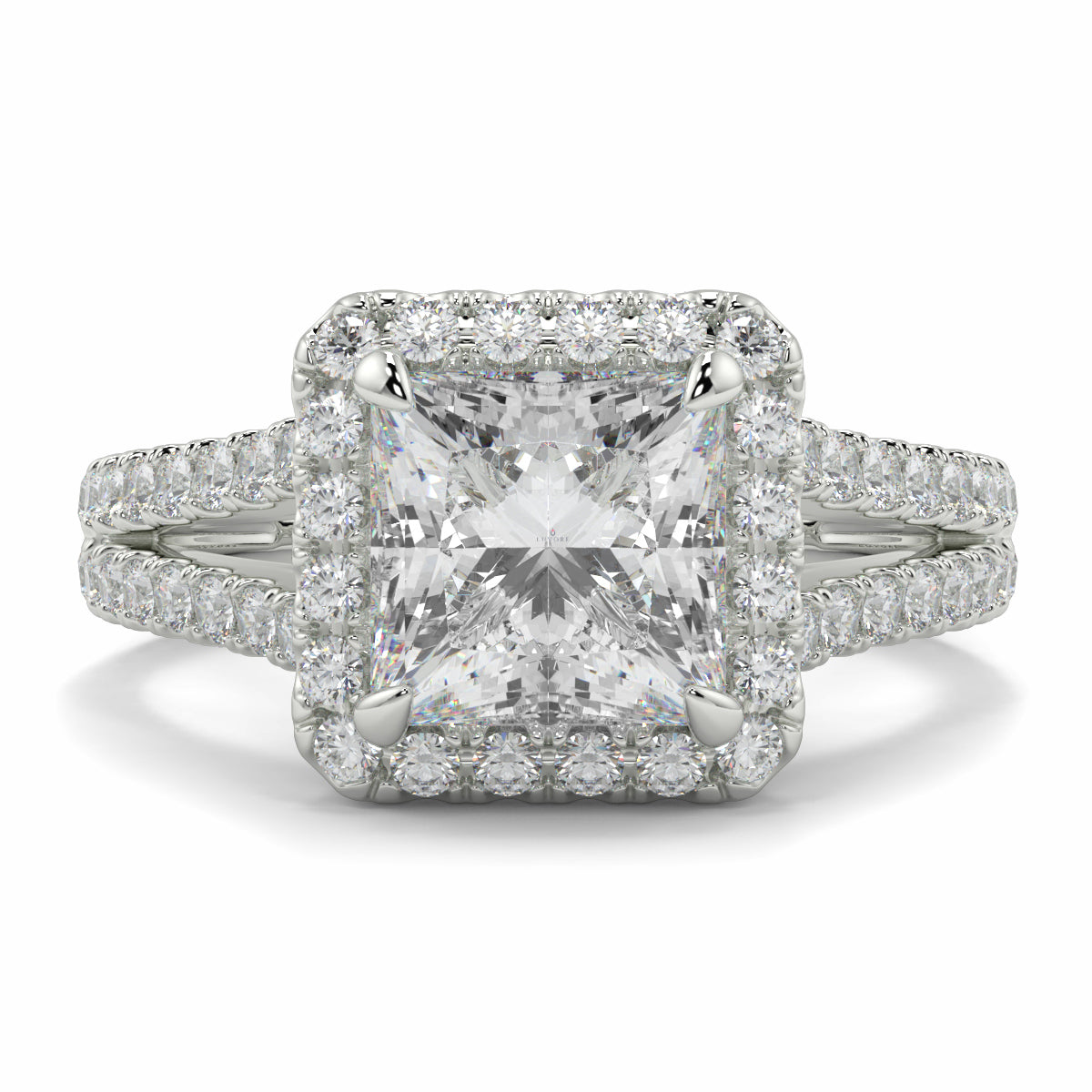 Diamond ring with a large central gemstone and smaller stones on a white background yb jewellers twist halo princess shape engagement diamond ring best selling design ring and trending design 2026