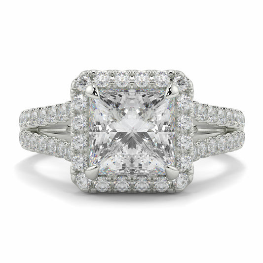 Diamond ring with a large central gemstone and smaller stones on a white background yb jewellers twist halo princess shape engagement diamond ring best selling design ring and trending design 2026