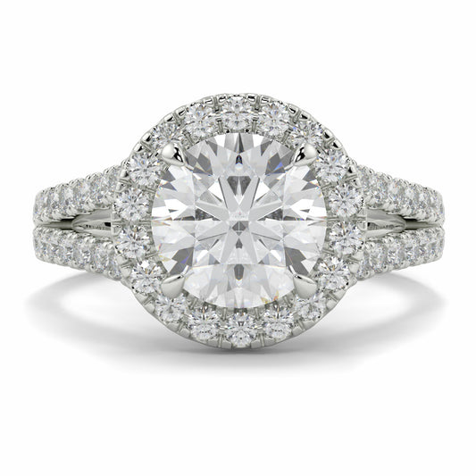 Diamond ring with a halo and smaller diamonds on a white background yb jewellers twist halo round shape engagement diamond ring best selling design ring and trending design 2026