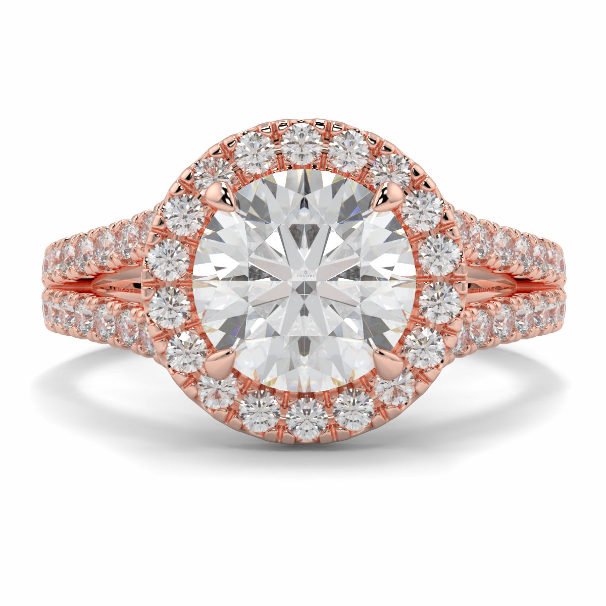 Rose gold diamond ring with a large central gemstone and smaller diamonds on a white background yb jewellers twist halo round shape engagement diamond ring best selling design ring and trending design 2026