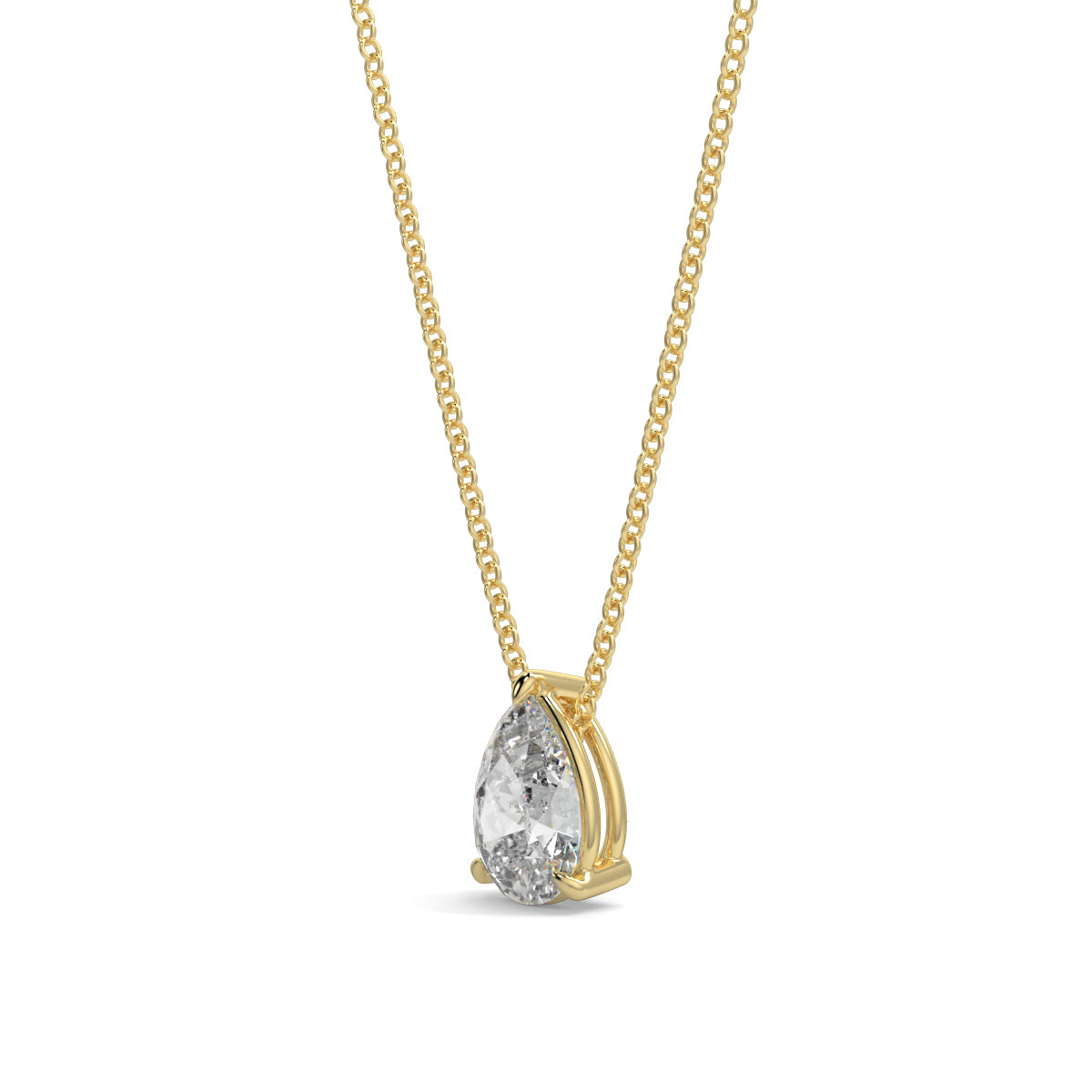 Gold necklace with a teardrop-shaped diamond pendant on a white  pear shape diamond pendant yb jewellers necklace best sellingbackground