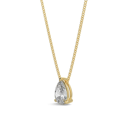 Gold necklace with a teardrop-shaped diamond pendant on a white  pear shape diamond pendant yb jewellers necklace best sellingbackground