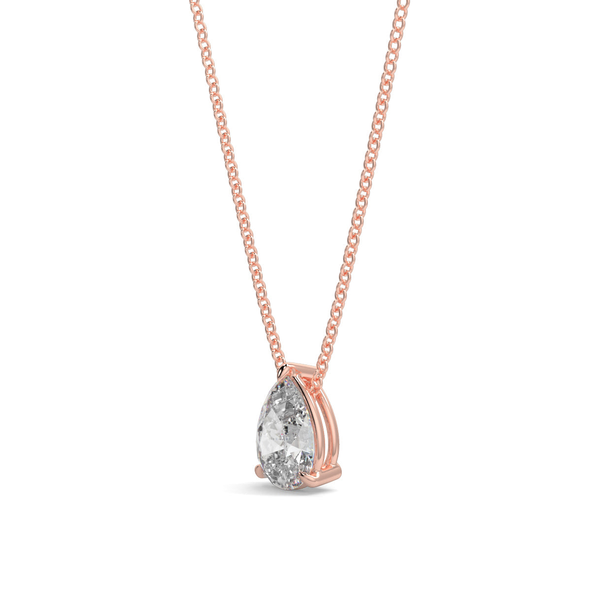 Rose gold necklace with a teardrop-shaped diamond pendant on a white background pear shape diamond pendant yb jewellers necklace best selling