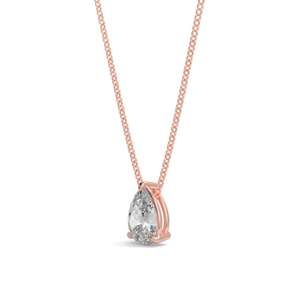 Rose gold necklace with a teardrop-shaped diamond pendant on a white background pear shape diamond pendant yb jewellers necklace best selling